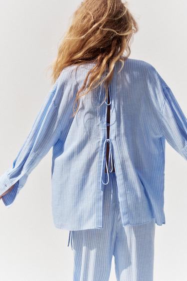 Zara STRIPED OVERSIZED SHIRT WITH BACK SLIT AND TIES - Blue / White