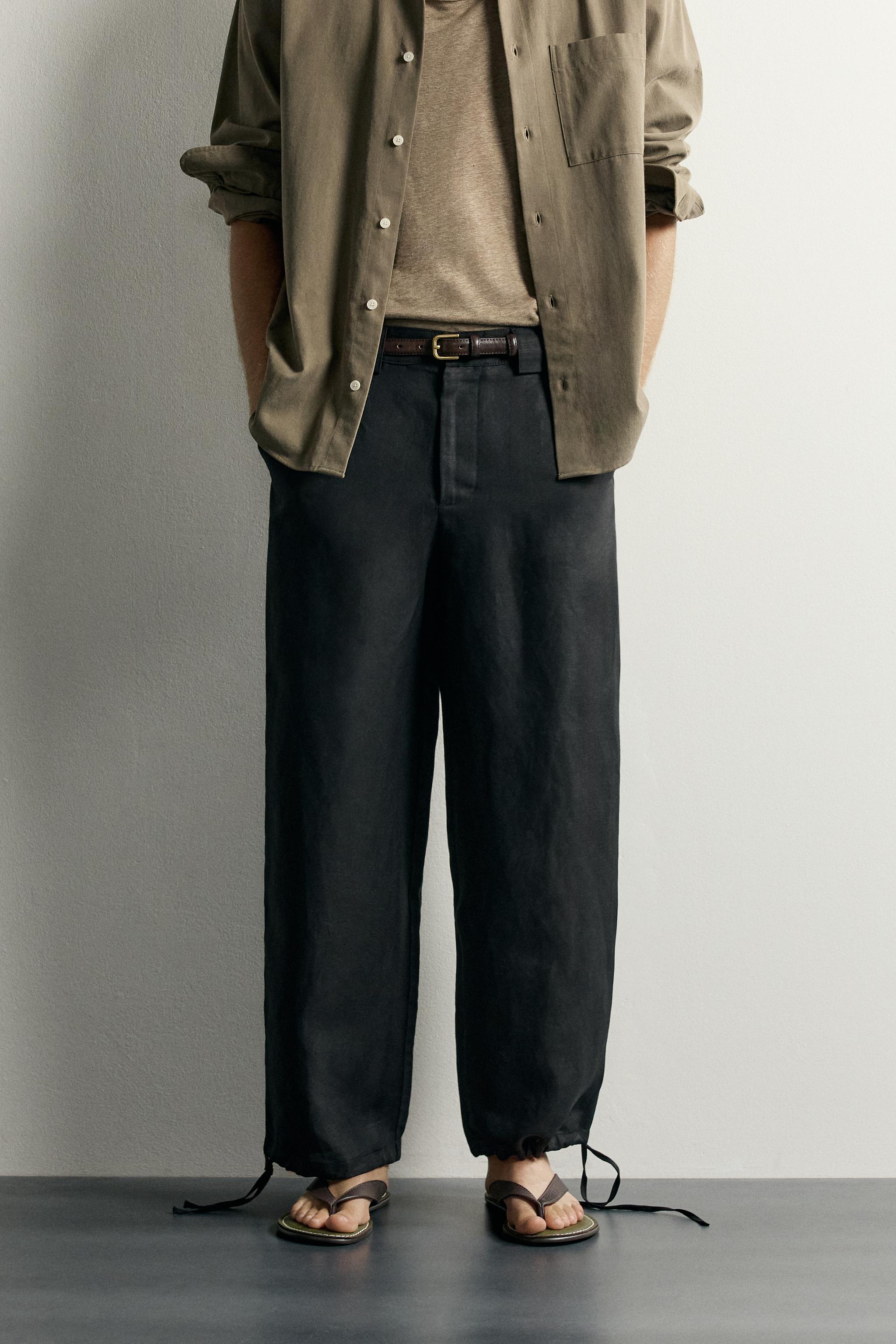 LINEN-VISCOSE RELAXED FIT PANTS — Black
