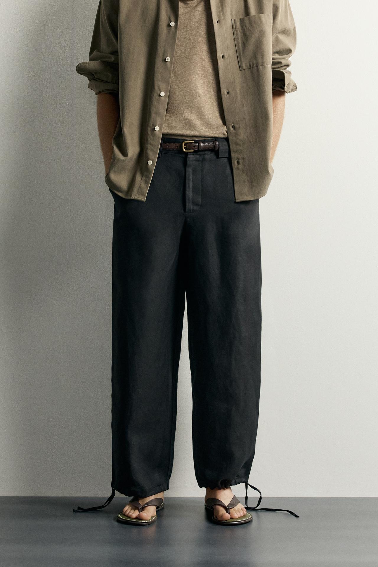 LINEN-VISCOSE RELAXED FIT PANTS — Black