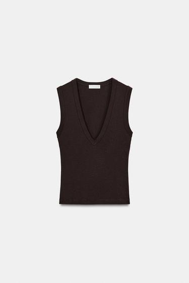 Zara COTTON V-NECK T-SHIRT - Brown