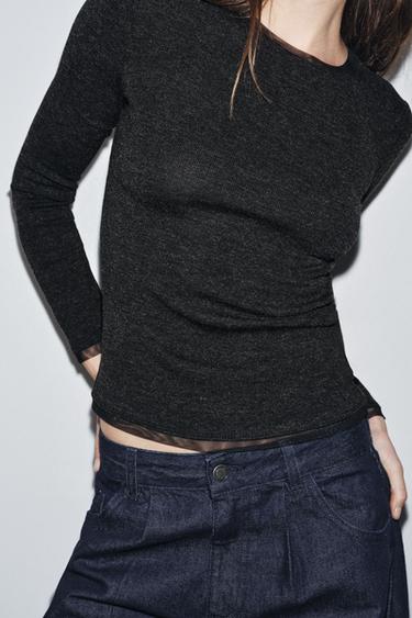 T-SHIRT FINITIONS TULLE - Gris foncé de Zara - Image 1