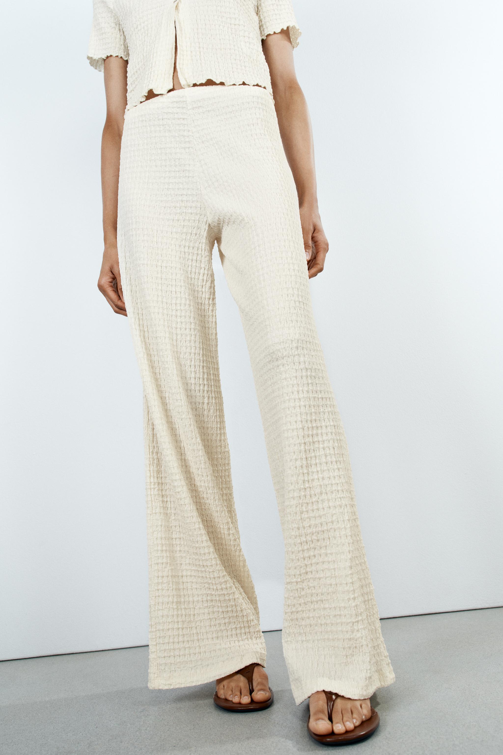 TEXTURED STRAIGHT LEG PANTS — Ecru