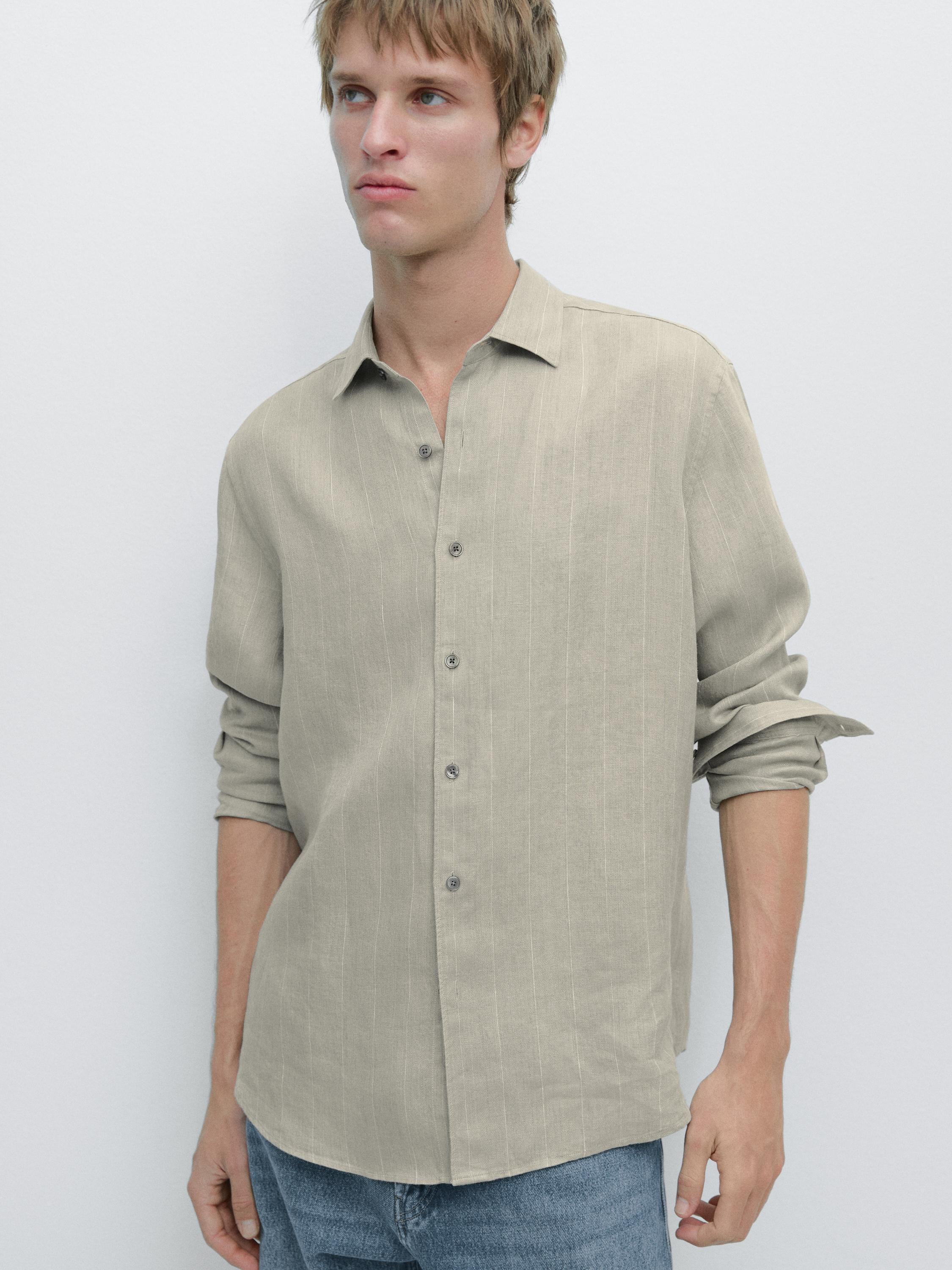 100% linen regular fit striped shirt — Light green