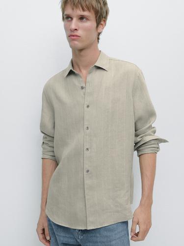 Zara 100% linen regular fit striped shirt - Light green