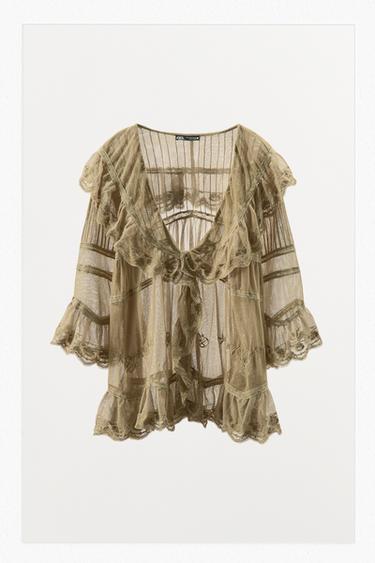 Zara EMBROIDERED TULLE RUFFLE TOP - Stone