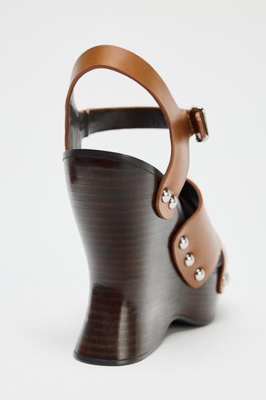 LEATHER STUDDED WEDGES - Brown by Zara - Image 4