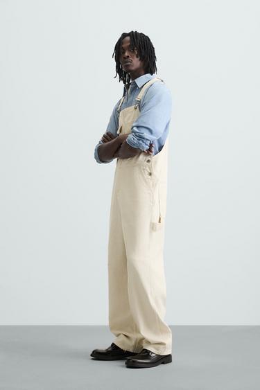 Zara CARPENTER POCKET DENIM OVERALLS - Ecru