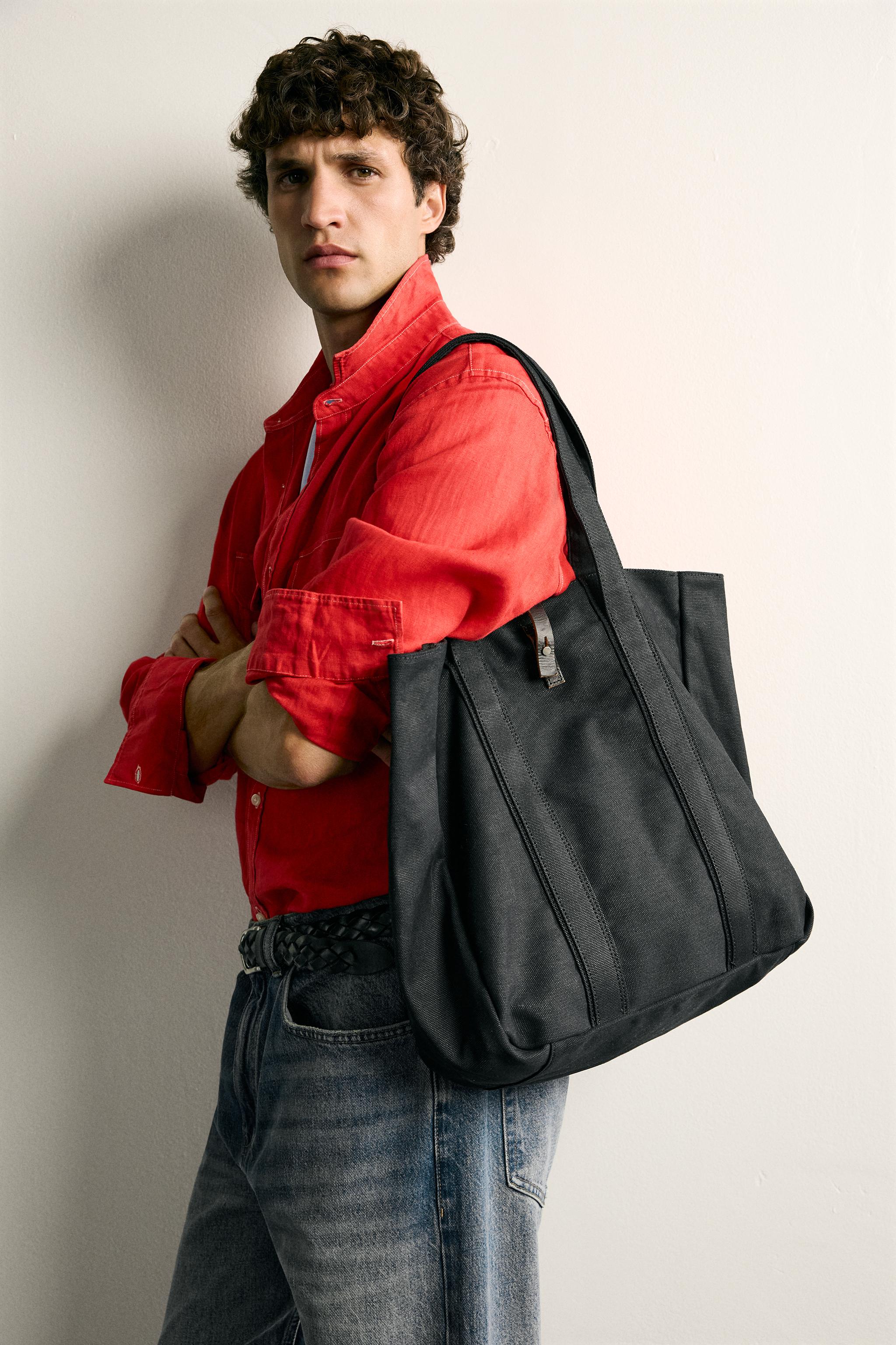 Мужские сумки Zara FABRIC SHOPPER WITH LEATHER CLOSURE