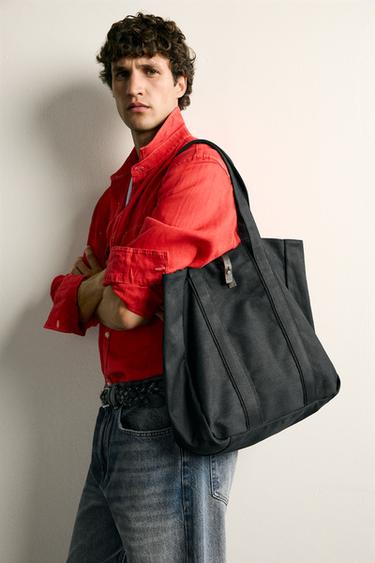 COTTON TOTE BAG WITH LEATHER CLOSURE - Black by Zara - Image 0