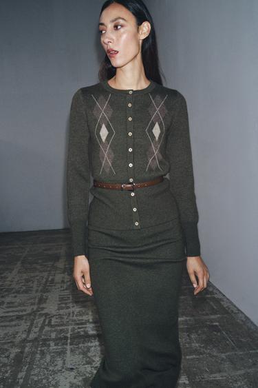 Zara ARGYLE KNIT CARDIGAN WITH BELT - Dark khaki