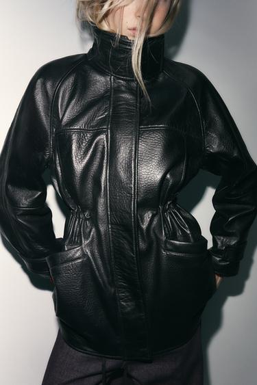 Zara 100% LEATHER JACKET WITH ADJUSTABLE WAIST - Black