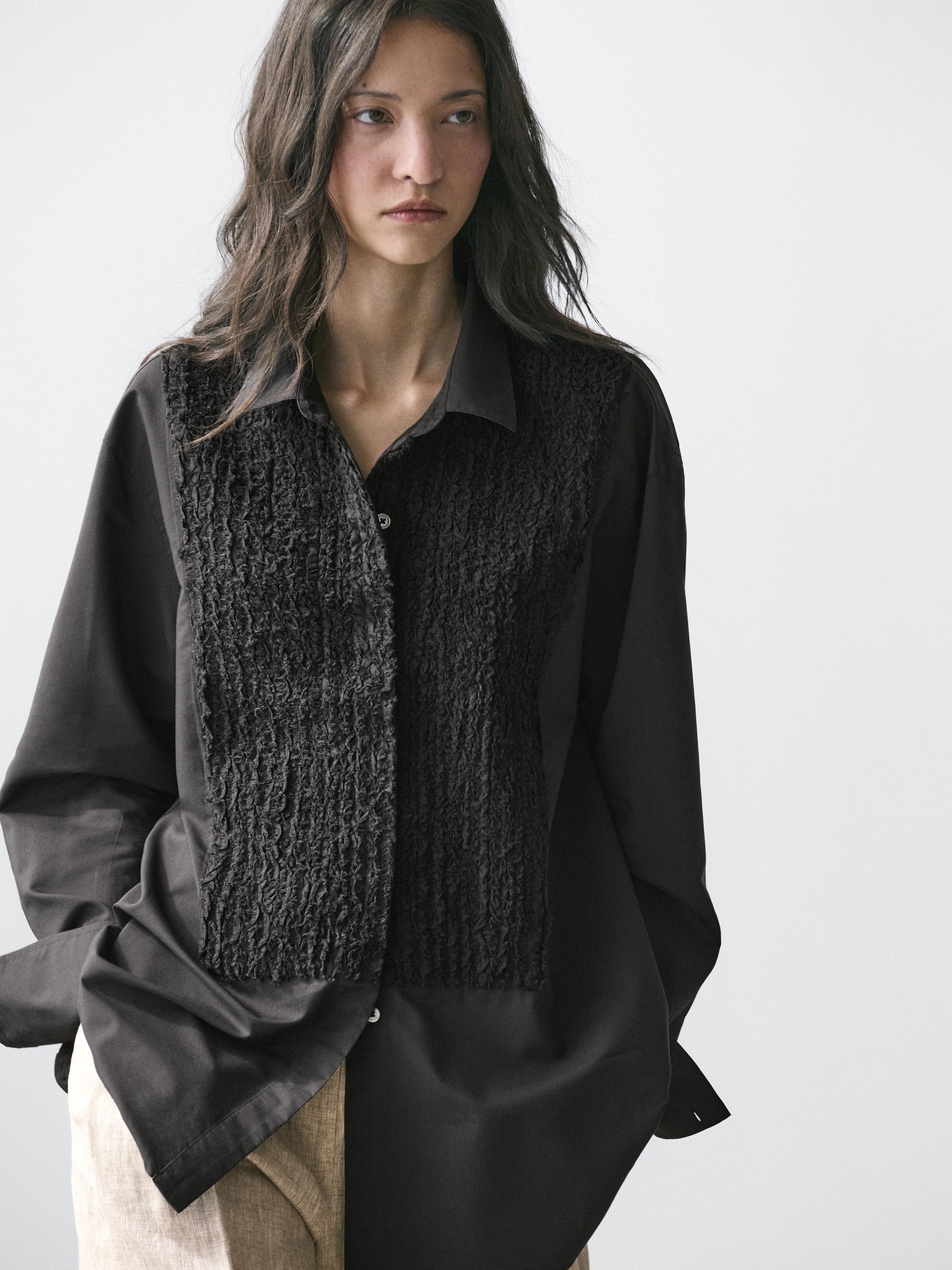 Bib front shirt with embroidered detail