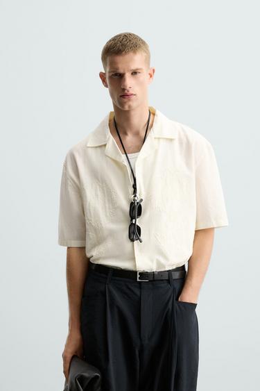 EMBROIDERED COTTON-LINEN SHIRT - Oyster-white by Zara