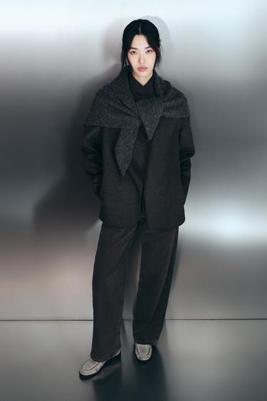 Zara ZW COLLECTION 羊毛混紡絲巾西裝外套 - 深灰色