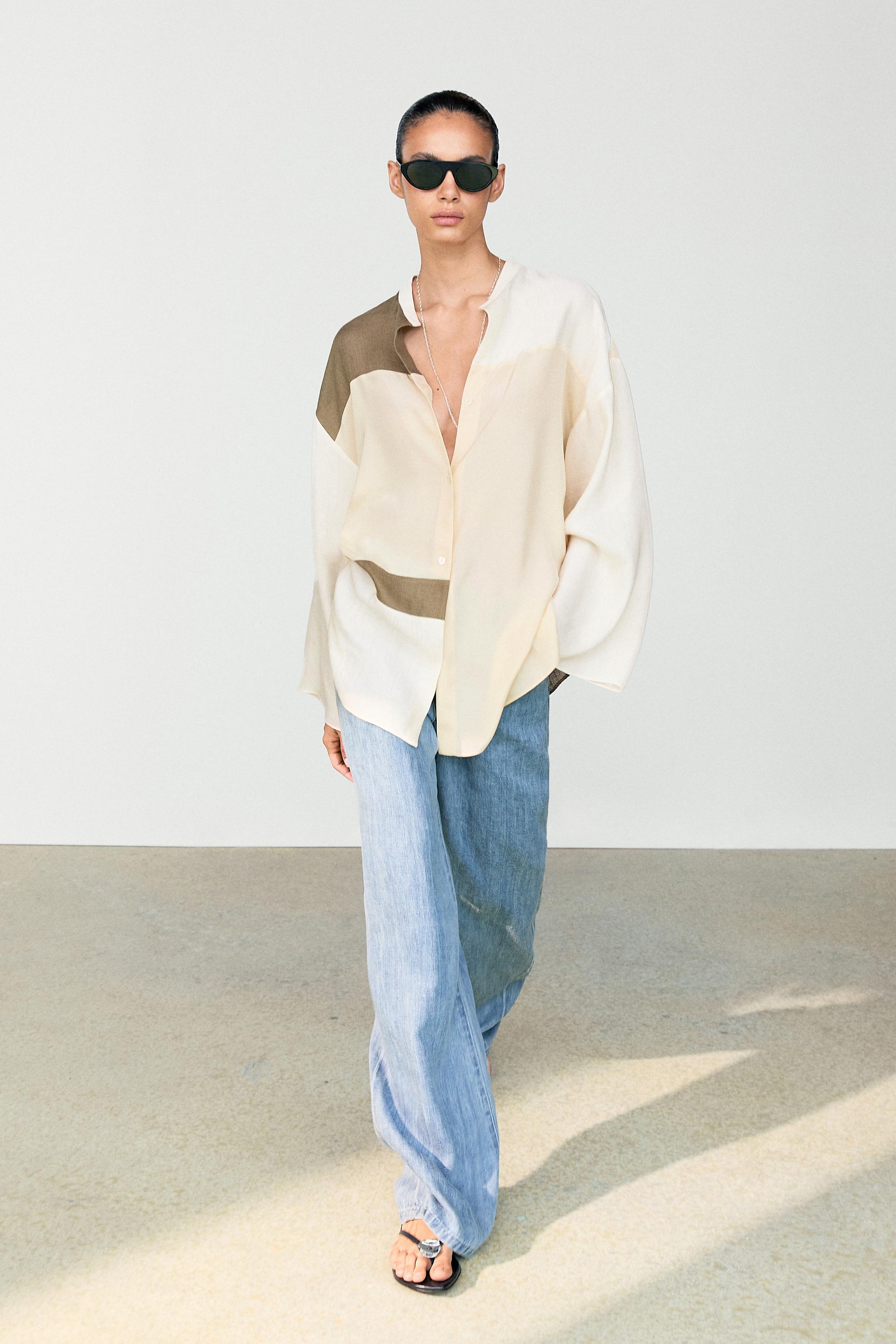 Flowing patchwork shirt with stand-up collar — Ecru