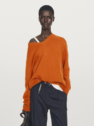 Zara Knit 100% cashmere V-neck sweater - Orange