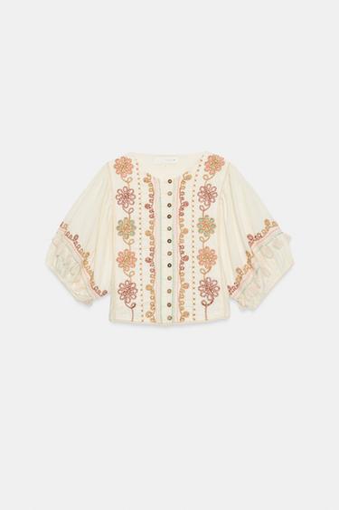 BLUSA FLECOS BORDADOS - Crudo de Zara