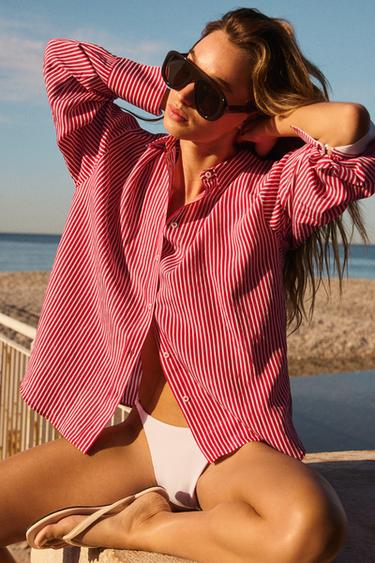 STRIPED SHIRT WITH CONTRAST CUFFS - Red / White by Zara