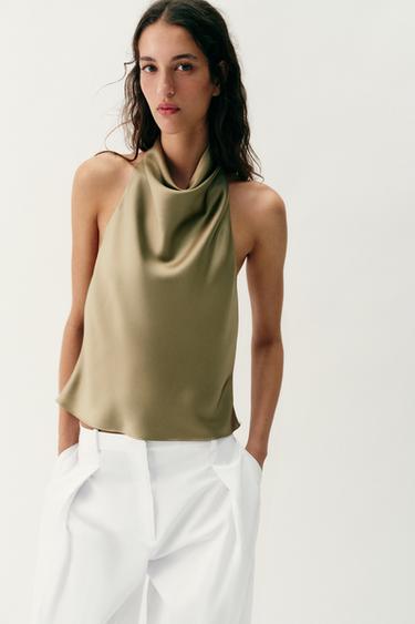 Zara SATIN EFFECT HALTER TOP - Light khaki