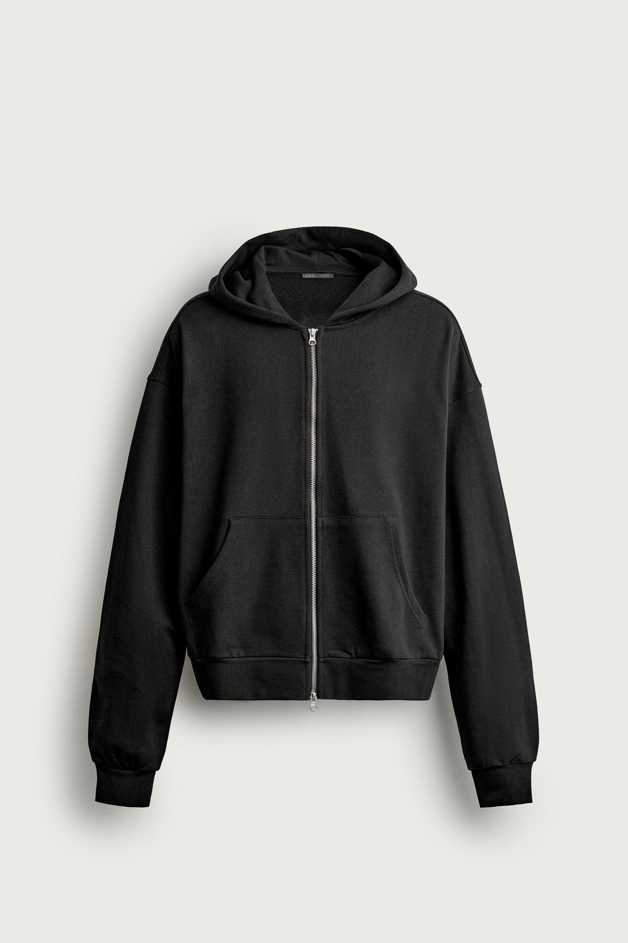 BASIC BOXY-FIT ZIP-UP HOODIE — Black