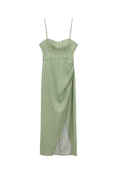 LINEN BLEND STRIPED MIDI CORSET DRESS