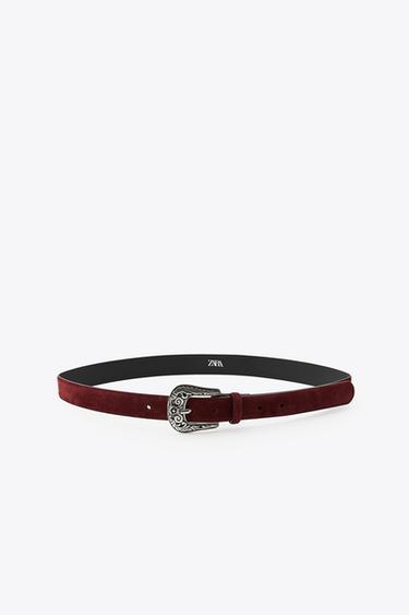 LEATHER BELT WITH ENGRAVED BUCKLE - Burgundy by Zara