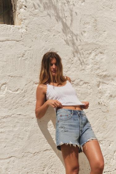 Zara TRF RIPPED HIGH RISE DENIM SHORTS - Light blue