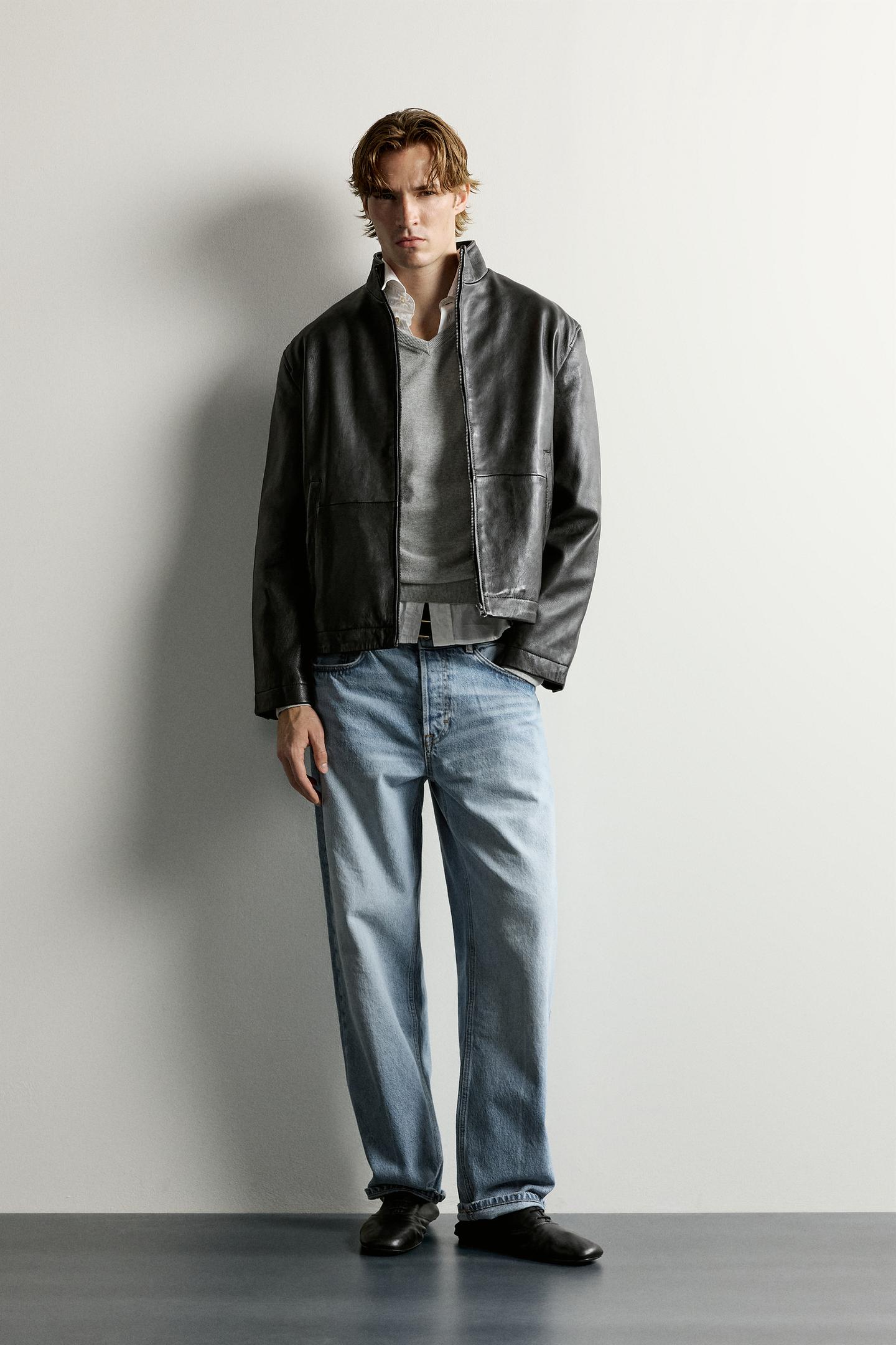 Мужская куртка Zara Washed Effect Leather, цвет: Чёрный — фото 1
