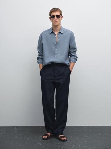 Zara Regular fit faded linen shirt - Green stripe - Image 0