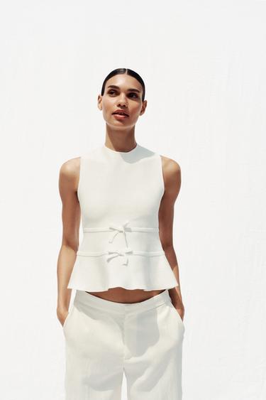 KNIT PEPLUM TOP WITH TIES - White by Zara - Image 0