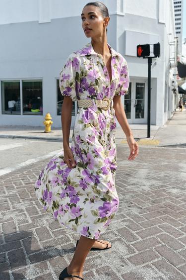 Zara FLORAL PRINT BELTED MIDI DRESS - Multicolored