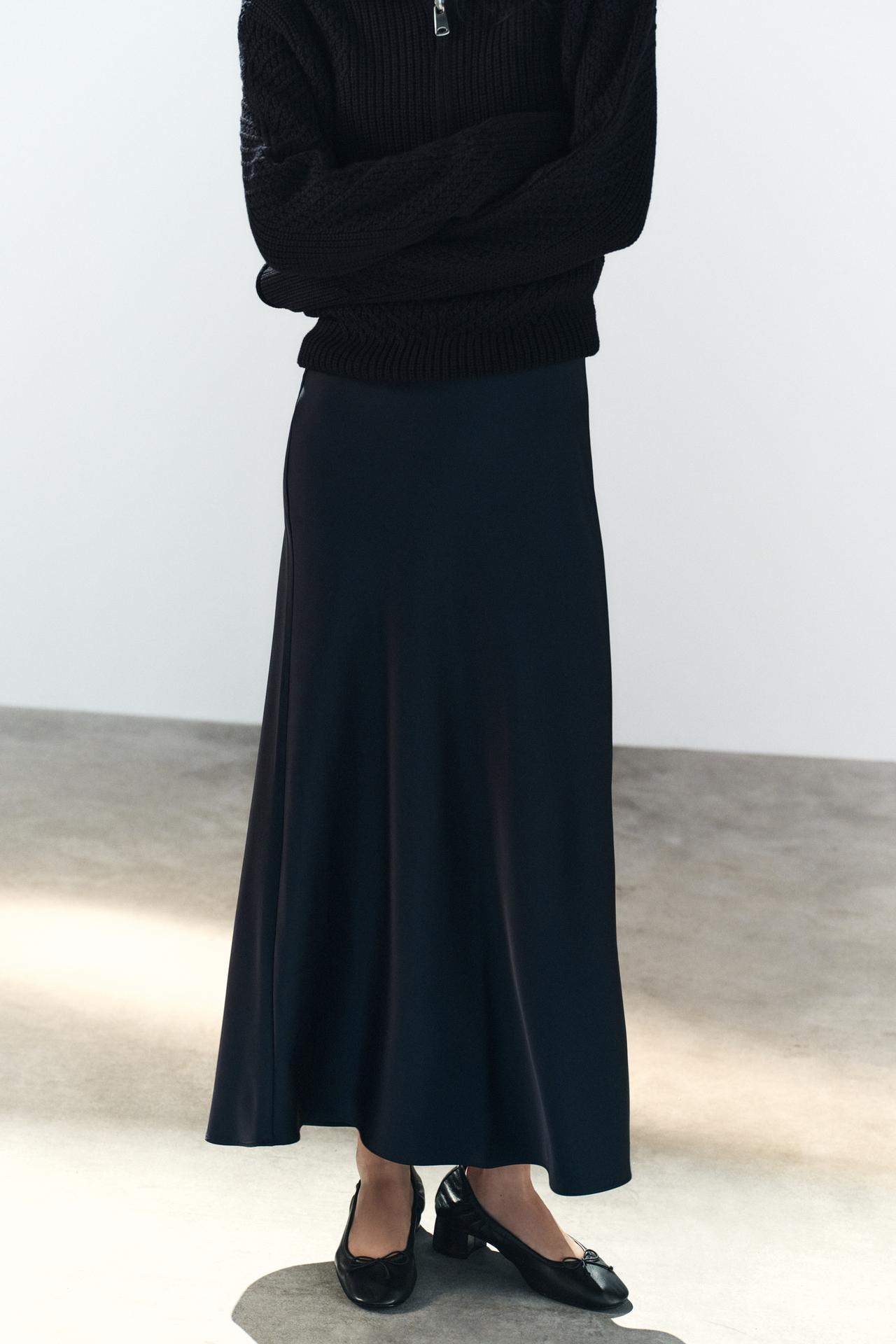 SATIN MIDI SKIRT — Dark navy