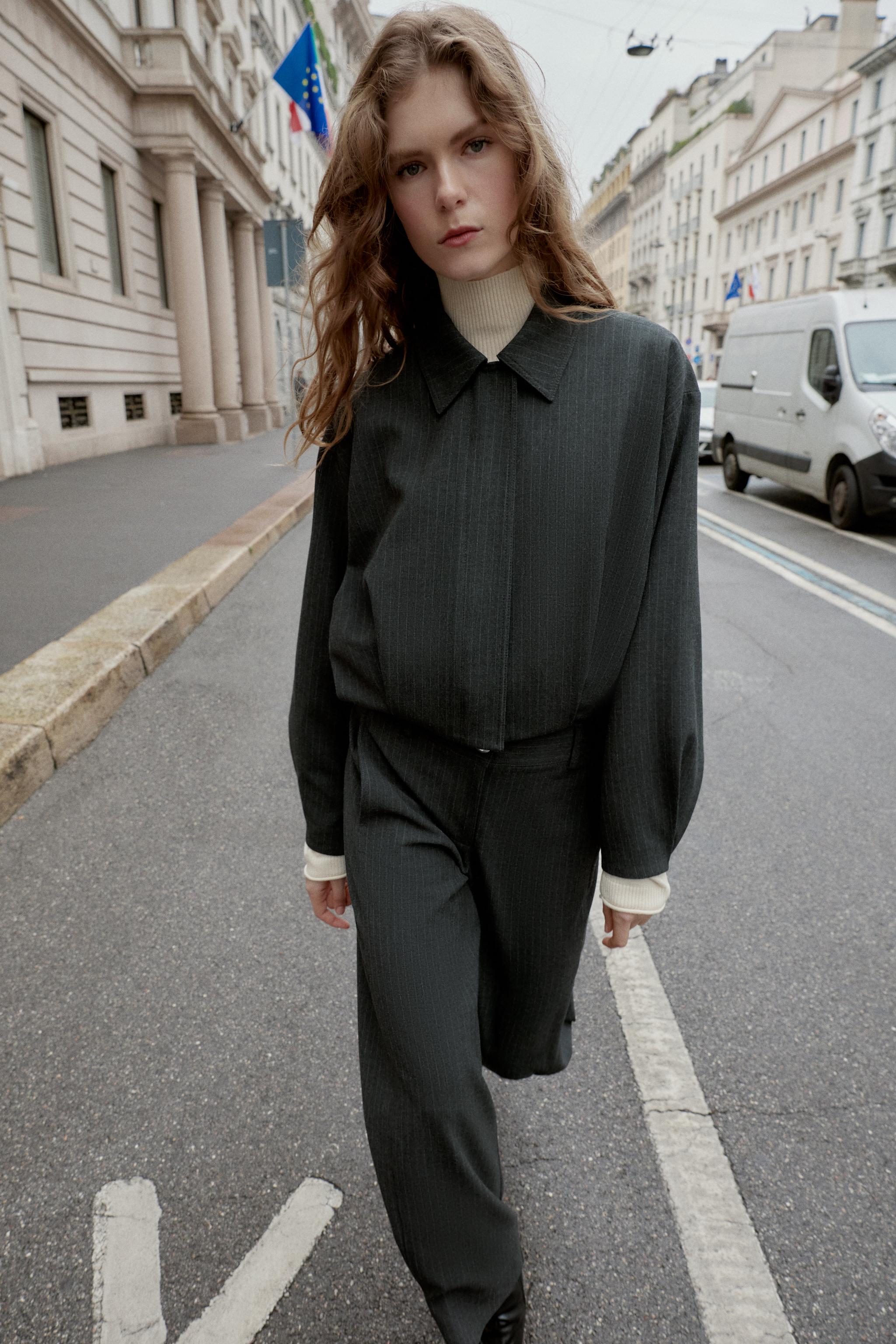 CROPPED PINSTRIPE BALLOON BOMBER JACKET