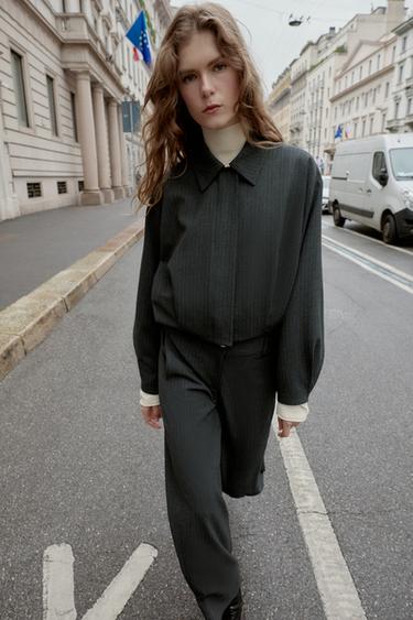 SHORT PINSTRIPE BALLOON BOMBER JACKET - Grey by Zara - Image 3