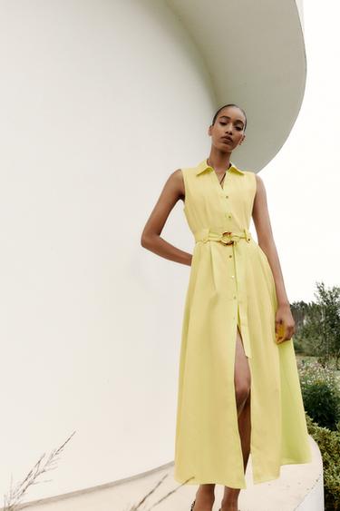 POPLĪNA MIDI GARUMA KLEITA AR JOSTU - Yellow no Zara