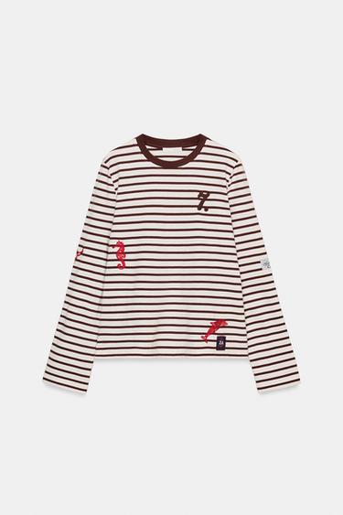 Zara EMBROIDERED STRIPED T-SHIRT - Brown Stripes