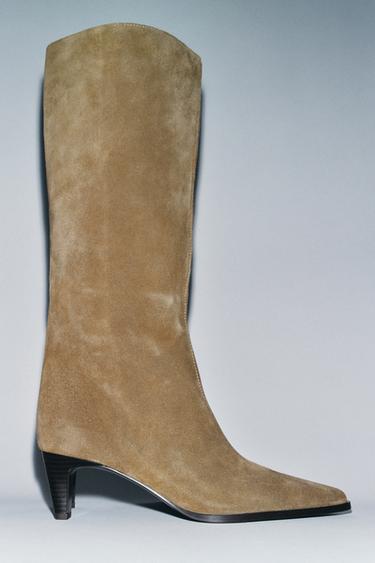 Zara SPLIT LEATHER KITTEN HEEL KNEE HIGH BOOTS - Brown - Image 0