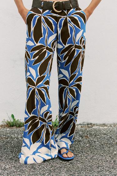 FLORAL PRINT WIDE-LEG TROUSERS - Ecru / Blue by Zara - Image 0