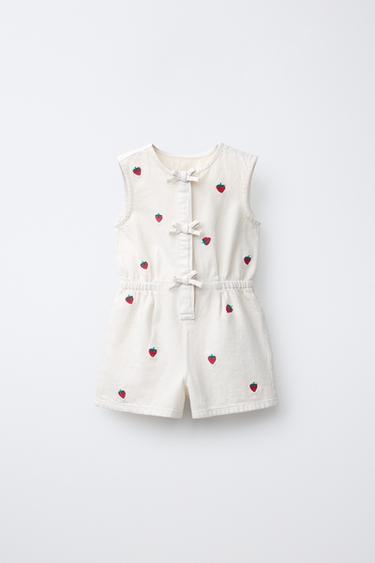 TUTA CORTA IN TWILL RICAMATA CON FRAGOLE - Écru di Zara
