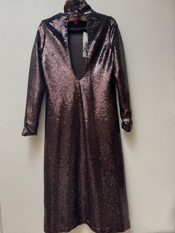 Dark brown sequined dress with a high neck and chest opening, hanging on a white wall. Visible tag on the inside.