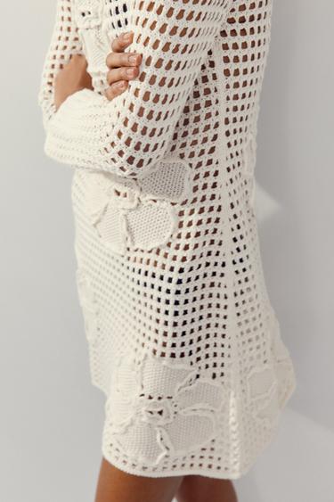 FLORAL CROCHET KNIT DRESS - Ecru by Zara - Image 3
