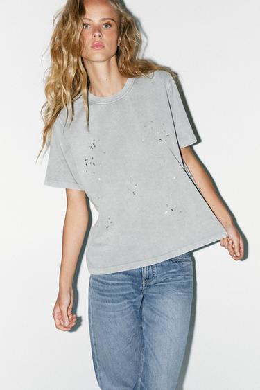 JEWEL FADED-EFFECT T-SHIRT - Anthracite grey by Zara