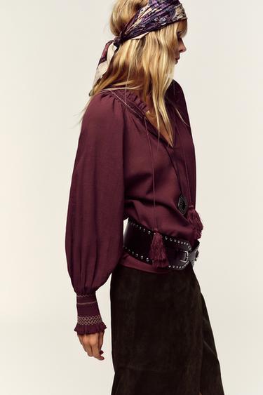 CHEMISE BRODERIES POMPONS - Bordeaux de Zara - Image 2