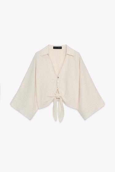 CROCHET TRIM KNOT SHIRT - Light beige by Zara