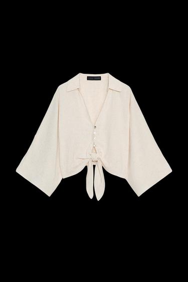 HEMD MIT HÄKEL-MATERIALKOMBINATION UND KNOTEN - Hellbeige von Zara