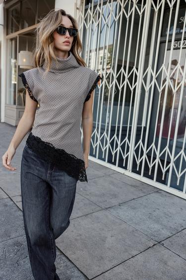 TOP PATA DE GALLO ENCAJE - Crudo / Azul de Zara