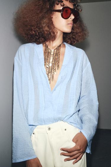 ZW COLLECTION TEXTURED OVERSIZE SHIRT - Blue/White by Zara - Image 4