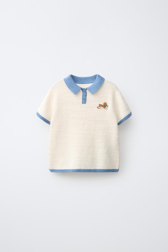 ÁO POLO DỆT KIM THÊU HÌNH CHÓ - Kem từ Zara - Hình ảnh 0