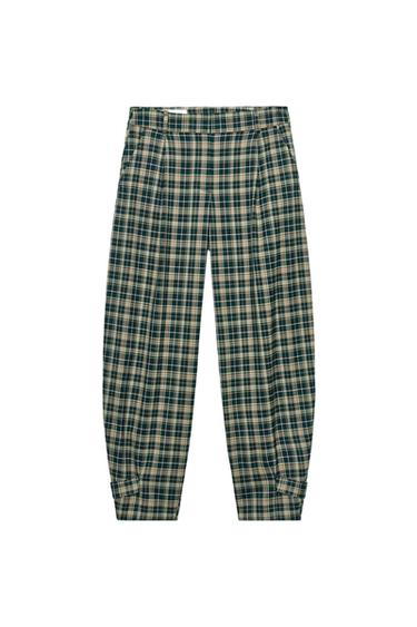 PANTALÓN CUADROS BAJO TRABILLAS - Verde / Crudo de Zara