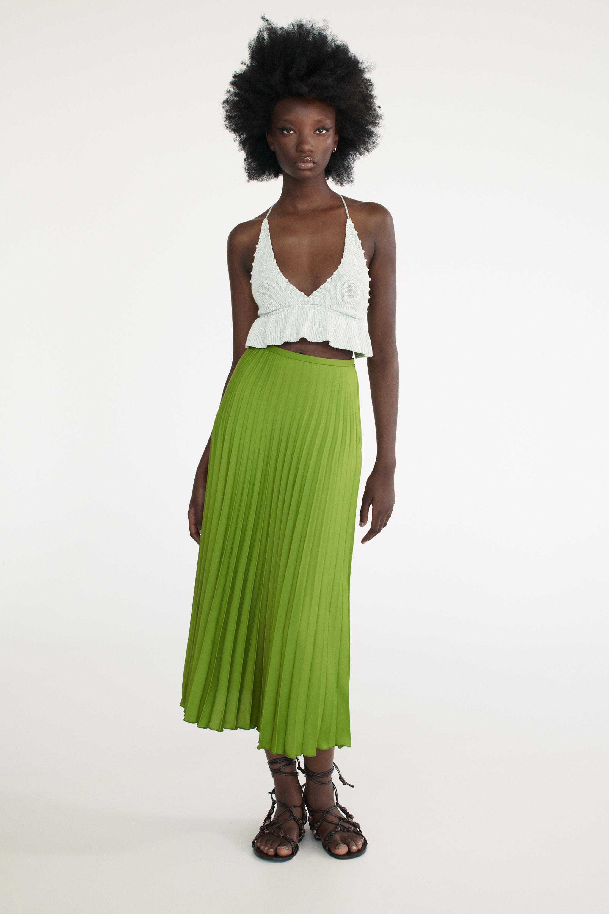 PLEATED MIDI SKIRT Green ZARA Spain